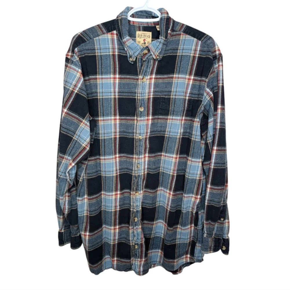 Vintage RedHead Shirt Men's XLT Long Sleeve Button Up Navy Blue Plaid Flannel